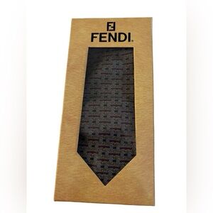 Authentic Fendi Grey Silk Tie with Gold, Blue, & Red Geometric Pattern